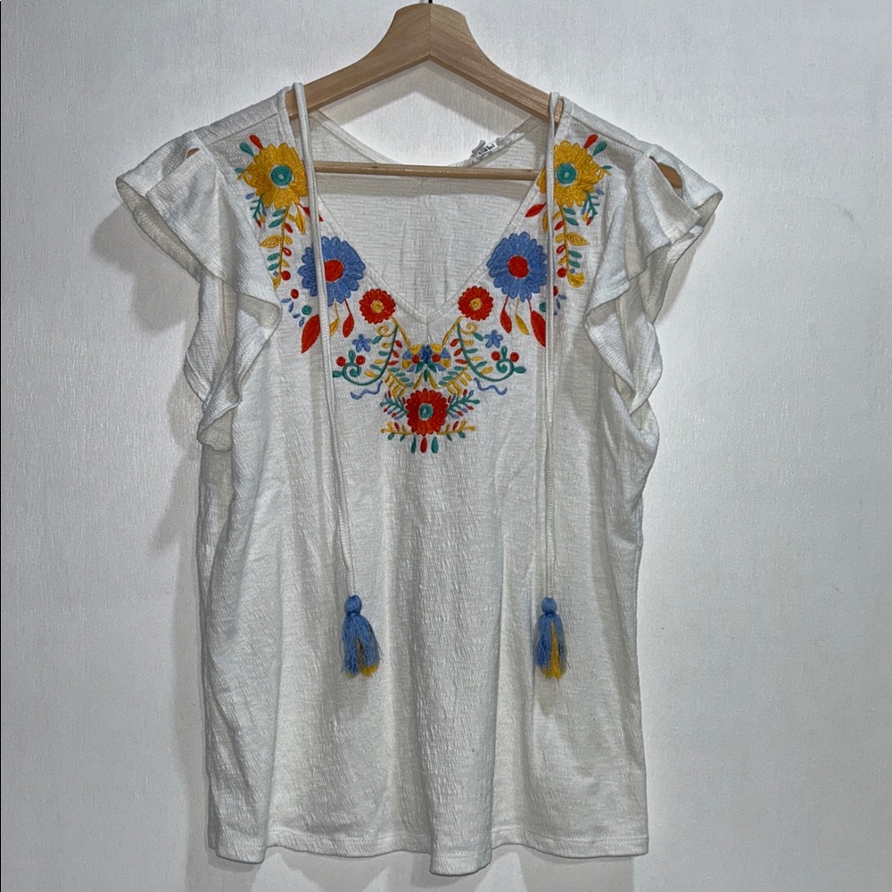 THML WOMENS WHITE SHORT SLEEVE BLOUSE WITH EMBROIDERY Sz LG
